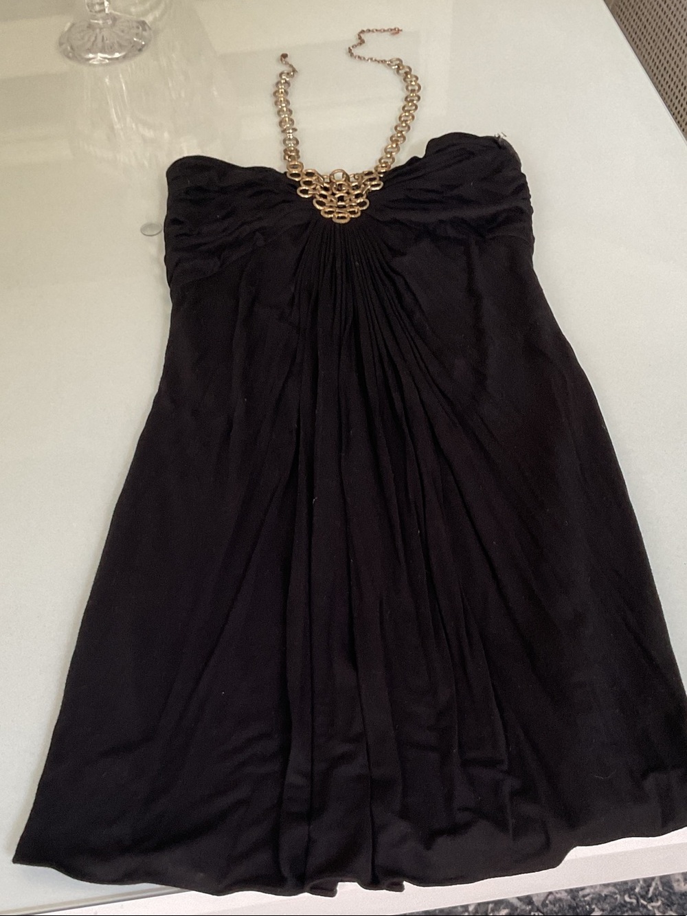 SKY Black Strapless Pleated Women’s Dress W GOLD ACCENTS